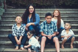 Family sat together on public steps