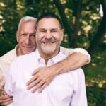 portrait of a loving middle-aged couple surrounded by nature.